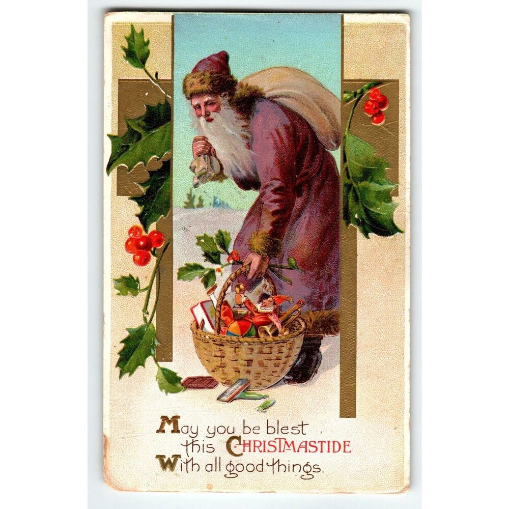 Santa Claus Purple Coat Basket Of Toys Old World 1914 Embossed Vintage Antique